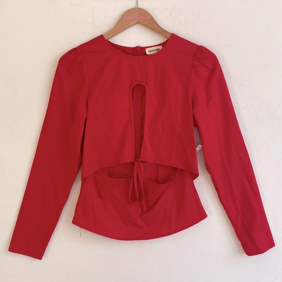 OPEN EDIT Cutout Detail Red Long-sleeve Blouse, Size XXS, NWT - Picture 7 of 12